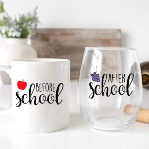 Before School After School Teacher Mug and Teacher Wine Glass Set – Funny Principal Gifts – Coffee Mug and Stemless Wine Glass for Teacher Appreciation and Professor – Because Students