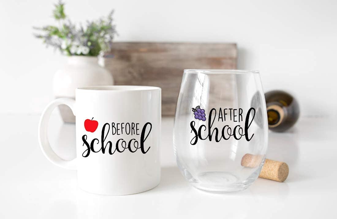 Before School After School Teacher Mug and Teacher Wine Glass Set – Funny Principal Gifts – Coffee Mug and Stemless Wine Glass for Teacher Appreciation and Professor – Because Students