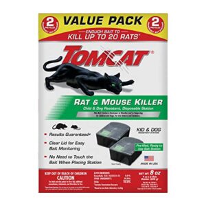 tomcat rat and mouse killer disposable stations for indoor/outdoor use: child and dog resistant, pre-filled, easy monitoring, 2-pack