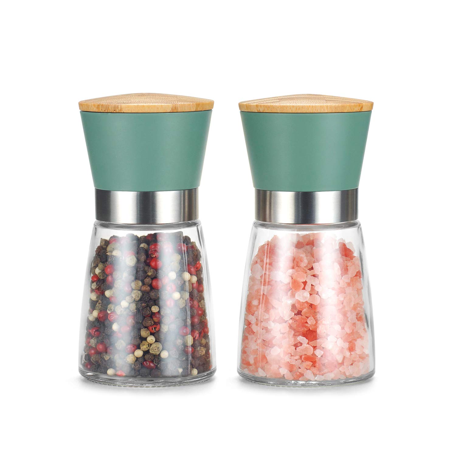 VUCCHINI Salt and Pepper Grinder Set Bamboo Lid- Adjustable Coarse Salt and Pepper Mills - Refillable Ceramic Burr Kitchen Gift Manual Salt Pepper Shakers Green