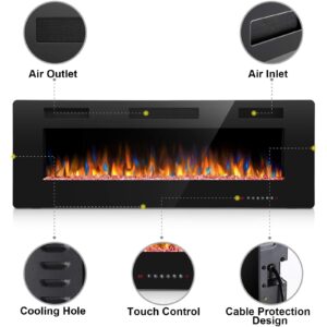 Joy Pebble 50 inch Electric Fireplace Inserts, in-Wall Recessed and Wall Mounted 750/1500W Fireplace Heater, Touch Screen, Remote Control with Timer, Adjustable Flame Color and Speed