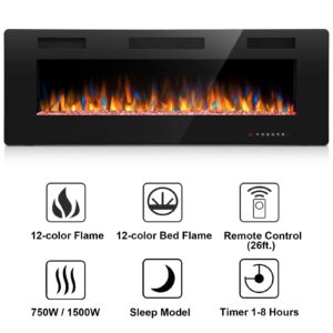 Joy Pebble 50 inch Electric Fireplace Inserts, in-Wall Recessed and Wall Mounted 750/1500W Fireplace Heater, Touch Screen, Remote Control with Timer, Adjustable Flame Color and Speed