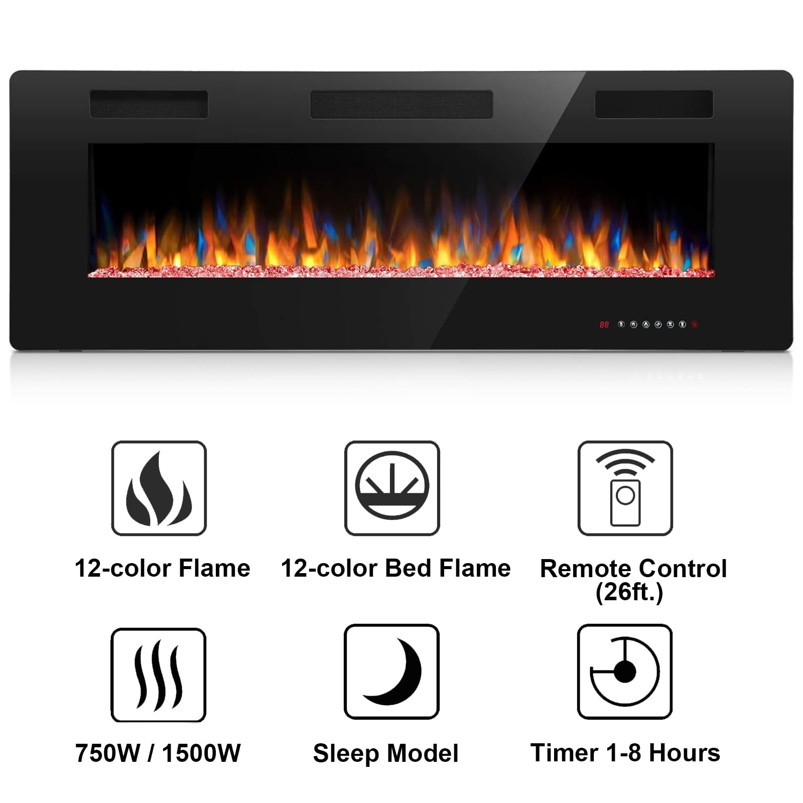 Joy Pebble 50 inch Electric Fireplace Inserts, in-Wall Recessed and Wall Mounted 750/1500W Fireplace Heater, Touch Screen, Remote Control with Timer, Adjustable Flame Color and Speed