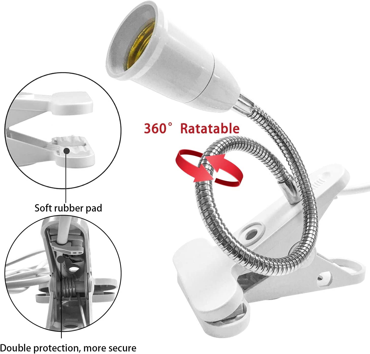 Bahong Clip Desk Lamp Socket,Desk Light Adapter,Clip Light Bulb Holder,E26/E27 Flexible Light Socket,86.6in Table Reading Light,Night Light with Cord,Clamp Light Bulb Stand with On/Off Switch (1PC)