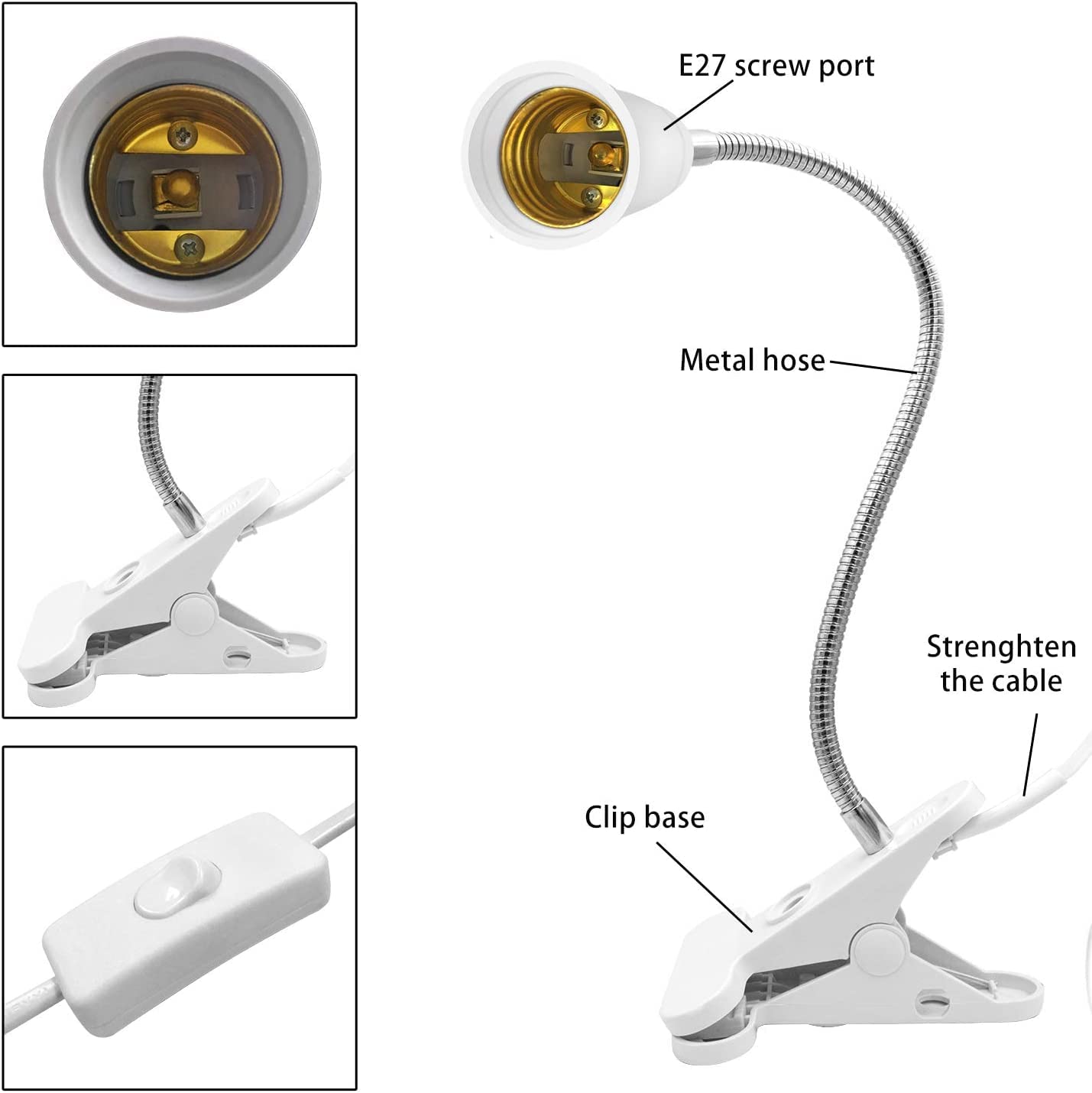 Bahong Clip Desk Lamp Socket,Desk Light Adapter,Clip Light Bulb Holder,E26/E27 Flexible Light Socket,86.6in Table Reading Light,Night Light with Cord,Clamp Light Bulb Stand with On/Off Switch (1PC)