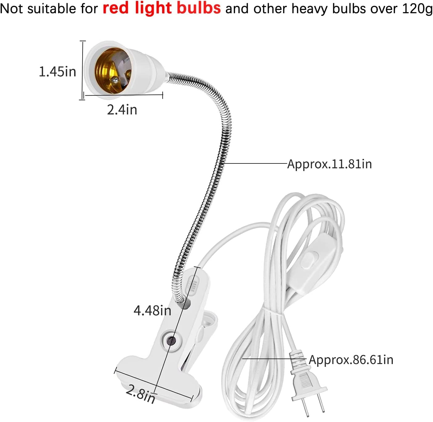 Bahong Clip Desk Lamp Socket,Desk Light Adapter,Clip Light Bulb Holder,E26/E27 Flexible Light Socket,86.6in Table Reading Light,Night Light with Cord,Clamp Light Bulb Stand with On/Off Switch (1PC)