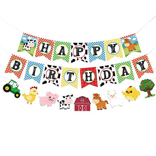 WERNNSAI Farm Animals Birthday Banner - Happy Birthday Banner with Tractor Barnyard Bunting Garland for Kids Boys Girls Farm Theme Party Decorations Supplies