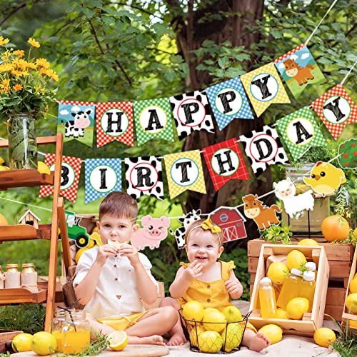 WERNNSAI Farm Animals Birthday Banner - Happy Birthday Banner with Tractor Barnyard Bunting Garland for Kids Boys Girls Farm Theme Party Decorations Supplies