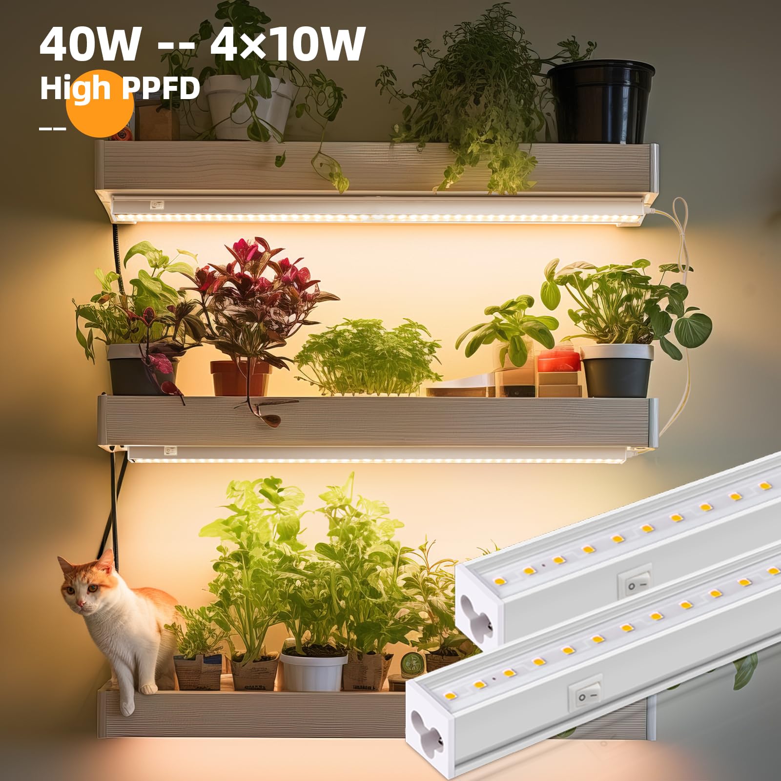 Barrina Grow Lights for Indoor Plants Full Spectrum, 2ft 40W (4 x 10W), T5 Plant Lights for Indoor Plants, Greenhouse, Plug and Play, Yellow, 4-Pack