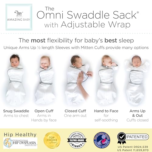 Amazing Baby 6-Way Omni Swaddle Sack for Newborn, Transitional Swaddle Sack with Wrap & Arms Up Sleeves & Mitten Cuffs, Easy Swaddle Transition, Better Sleep, Gray Stars, Small, 0-3 Months