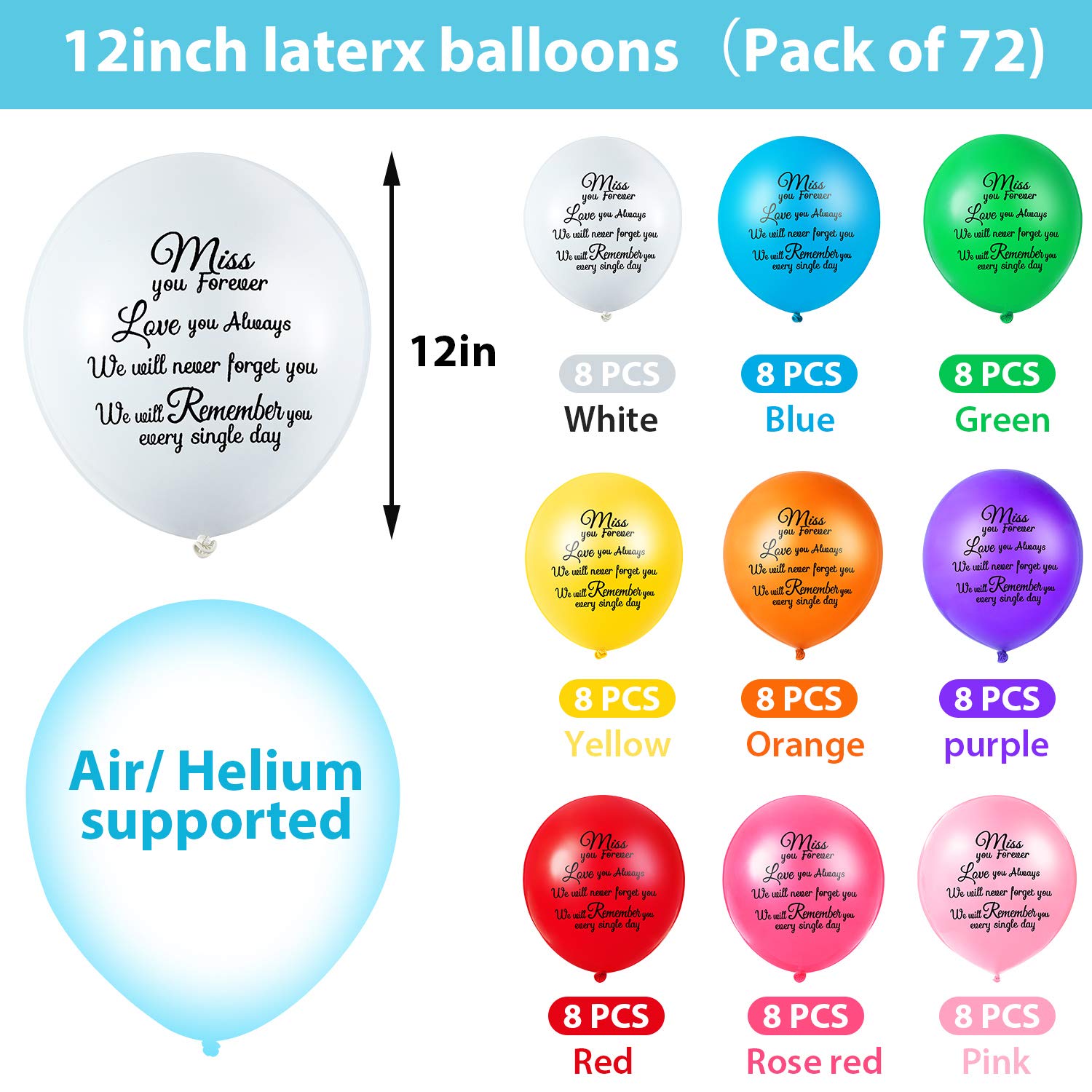 72 Pieces Colorful Memorial Funeral Balloons Remembrance Biodegradable Balloons for Celebration of Life, Balloon Release, Funeral Decoration