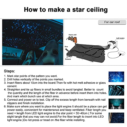 AZIMOM Bluetooth 10W Twinkle RGBW LED Fiber Optic Star Ceiling Lights Kit Mixed 375pcs 9.8ft Strands Music Sound Activated APP Remote Control for Car Indoor Home Interior Star Decoration