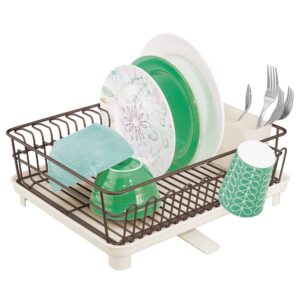 mdesign metal wire kitchen countertop, sink dish drying rack - removable plastic cutlery tray, drainboard with adjustable swivel spout - 3 pieces - bronze/cream