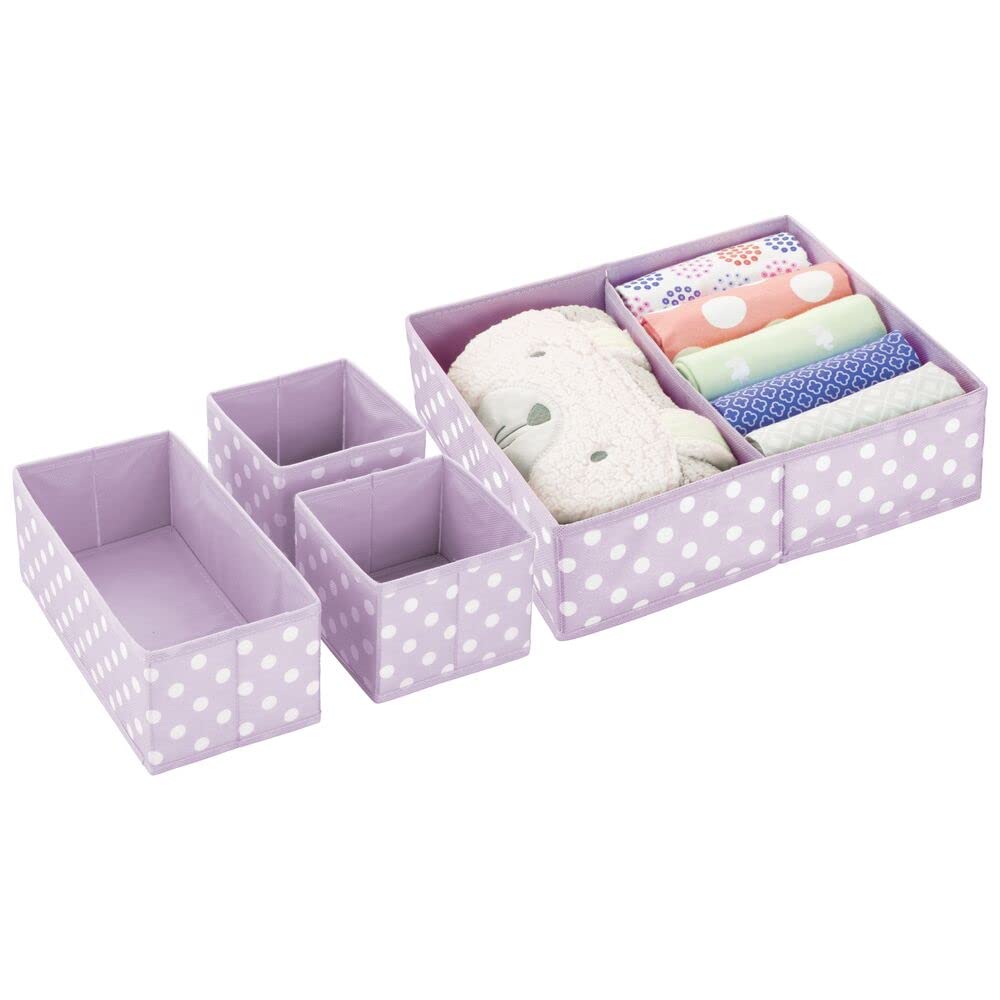 mDesign Fabric 4 Piece Baby/Kids Nursery Drawer Organizer Bins for Dresser and Closet Organization, Hold Clothes, Underwear, Diaper, Socks, Lido Collection, Light Wisteria Purple/White Polka Dot