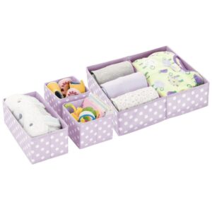 mDesign Fabric 4 Piece Baby/Kids Nursery Drawer Organizer Bins for Dresser and Closet Organization, Hold Clothes, Underwear, Diaper, Socks, Lido Collection, Light Wisteria Purple/White Polka Dot