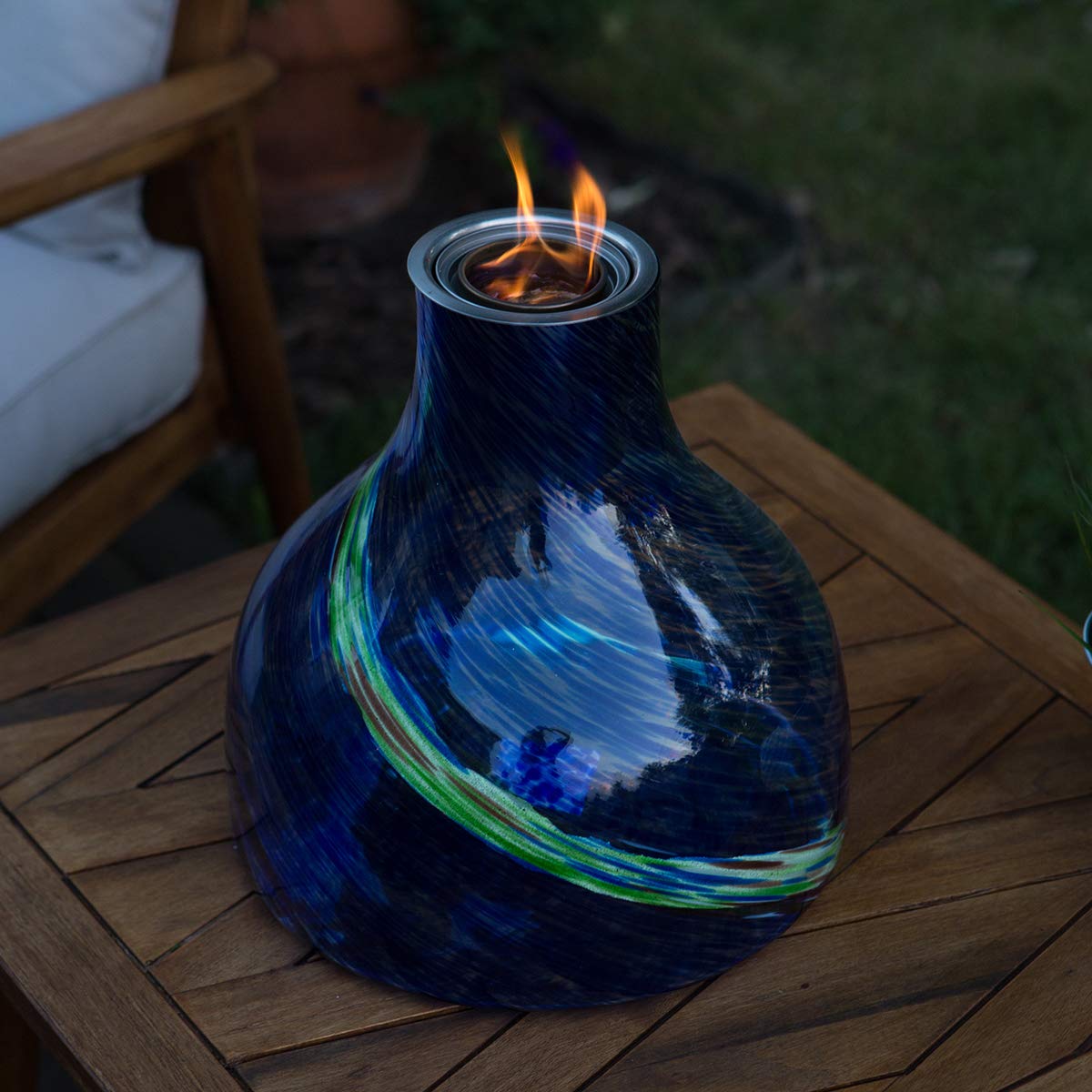 EchoFlame - Illuminarie Magnum Glass Indoor/Outdoor Portable Tabletop Fireplace and Gel Burner. Use with Certified Safe EchoFlame Gel-Fuel cans. Blue/Green, 11.75 x 12.25 inches