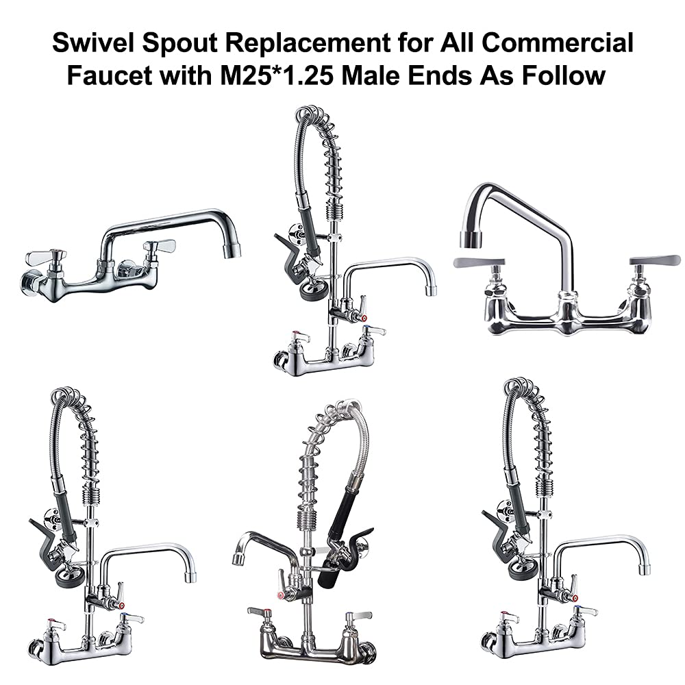 KWODE 14” Swivel Spout Replacement Kit for Commercial Kitchen Sink Faucet with Swing Nozzle Stainless Steel Add-on Spout Chrome Polished Finish(Connector Size is M25*1.25MM)