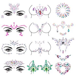 duufin 12 sets face jewels sticker body gems mermaid face gems belly crystal tears gems rhinstone face jewel for rave festival party
