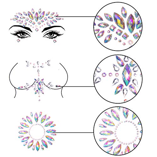 Duufin 12 Sets Face Jewels Sticker Body Gems Mermaid Face Gems Belly Crystal Tears Gems Rhinstone Face Jewel for Rave Festival Party