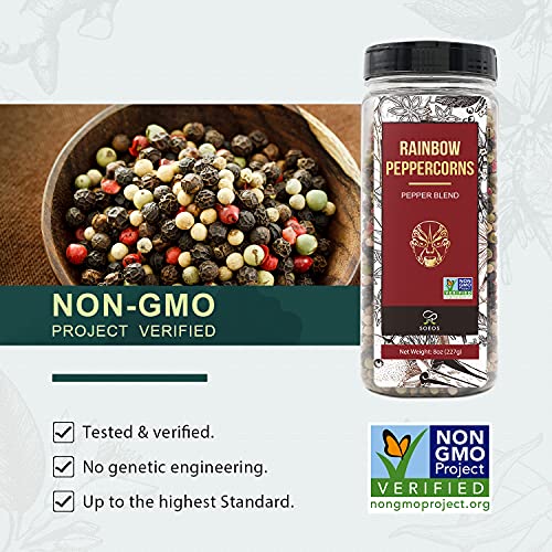 Soeos Rainbow Peppercorns, 8oz (Pack of 1), Non-GMO, Kosher, Packed to Keep Peppers Fresh, Peppercorn for Grinder Refill, Whole Peppercorns