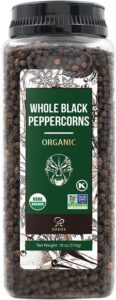 soeos organic black peppercorns, 18oz (pack of 1), non-gmo, kosher, packed to keep peppers fresh, peppercorn for grinder refill, whole peppercorns