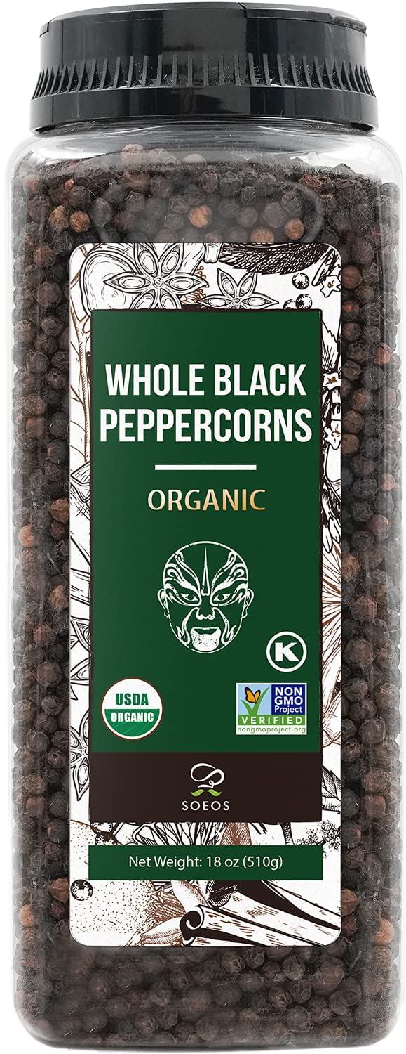 Soeos Organic Black Peppercorns, 18oz (Pack of 1), Non-GMO, Kosher, Packed to Keep Peppers Fresh, Peppercorn for Grinder Refill, Whole Peppercorns