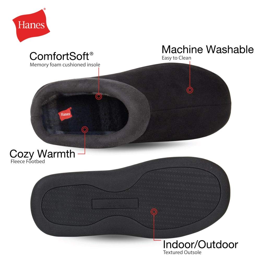 Hanes Men's Memory Foam Indoor/Outdoor Microsuede Clog Slipper Shoe, Black, Large