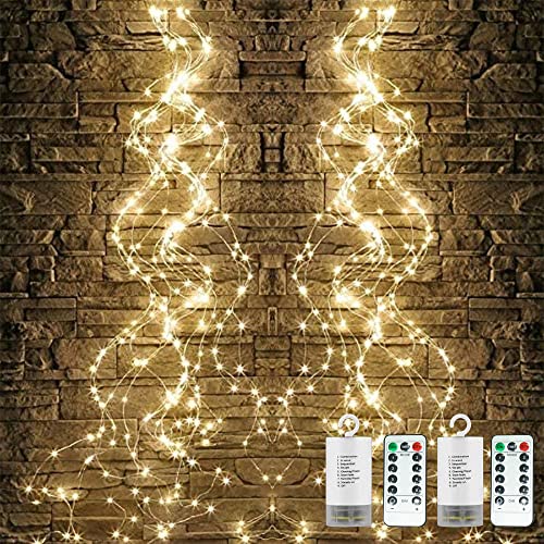 Cynzia 2 Pack Fairy Lights, 250 LEDs Waterfall String Lights, Battery Operated Twinkle Light with Remote, Branch Watering Can Firefly Lights for Garden Outdoor Christmas Tree Decor