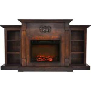 cambridge 72-inch sanoma electric fireplace in walnut with built-in bookshelves and a 1500w charred log insert