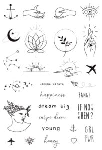 temporary tattoo set by tatsy, the simple set, for women and men, original, unique design, cover up, modern, hipster, minimalistic tiny, urban, writing, stars, anchor, heart, hands, waterproof tattoos