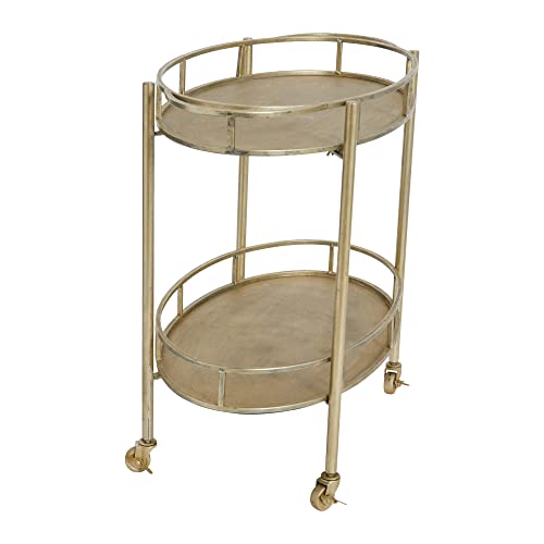 Creative Co-Op Art Deco Oval 2-Tier Bar Cart with Wheels, Antique Silver Finish