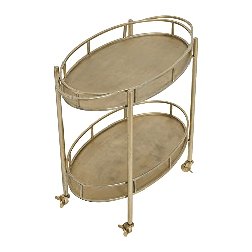 Creative Co-Op Art Deco Oval 2-Tier Bar Cart with Wheels, Antique Silver Finish