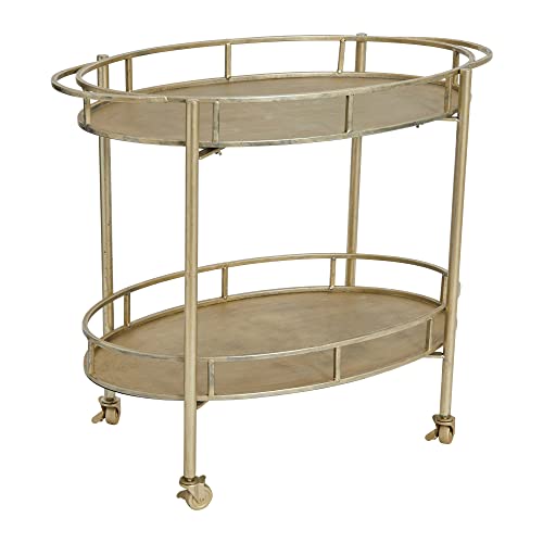 Creative Co-Op Art Deco Oval 2-Tier Bar Cart with Wheels, Antique Silver Finish