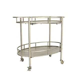 Creative Co-Op Art Deco Oval 2-Tier Bar Cart with Wheels, Antique Silver Finish