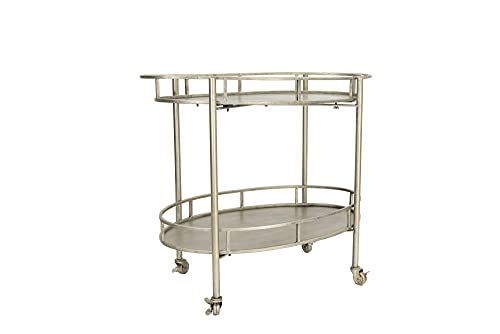 Creative Co-Op Art Deco Oval 2-Tier Bar Cart with Wheels, Antique Silver Finish