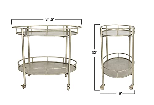 Creative Co-Op Art Deco Oval 2-Tier Bar Cart with Wheels, Antique Silver Finish