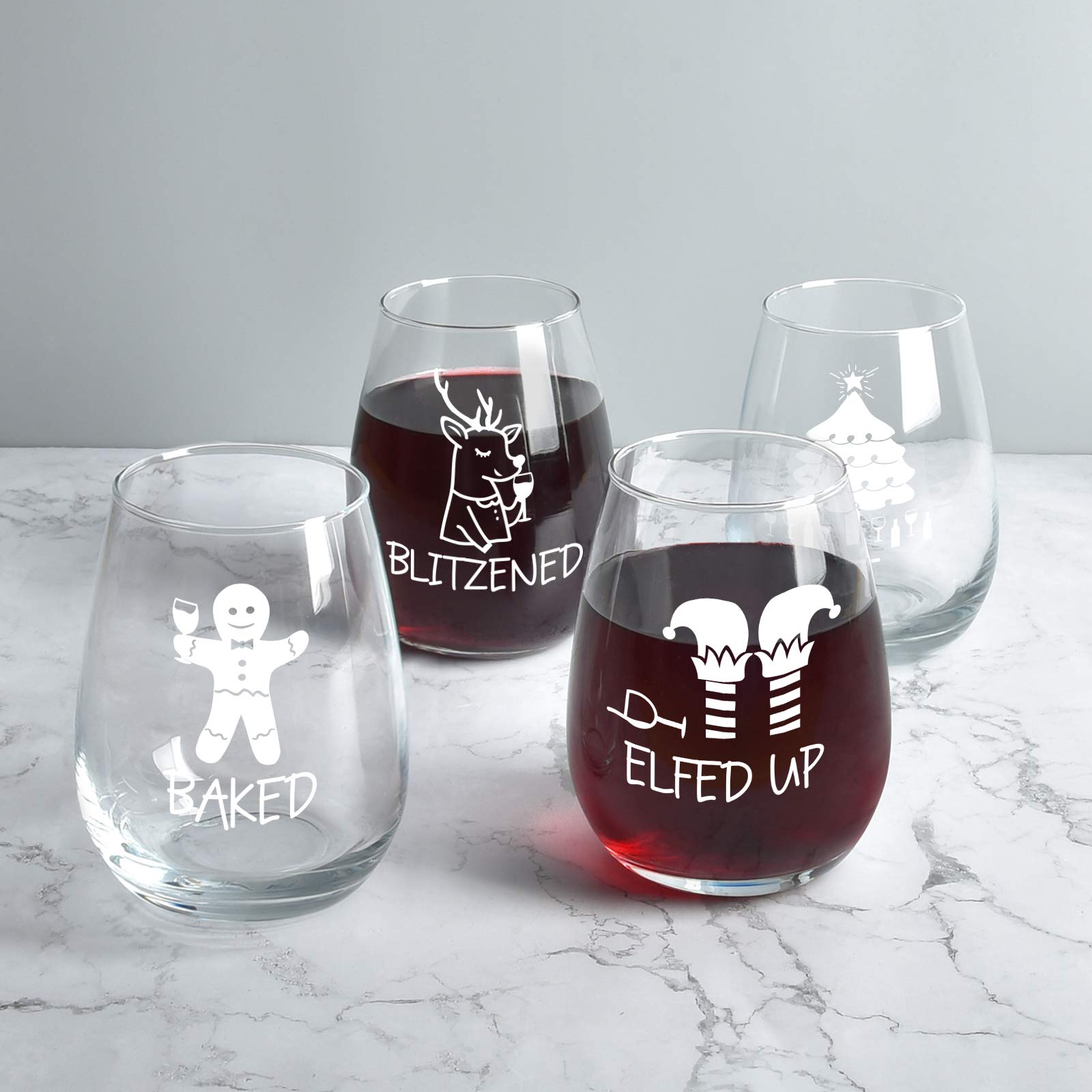 Set of 4 Christmas Stemless Wine Glass - Funny Christmas Themed Wine Glass for Holiday Party Decorative - Unique Christmas Gifts for Family Friends Coworkers or Daily Use 15 Oz