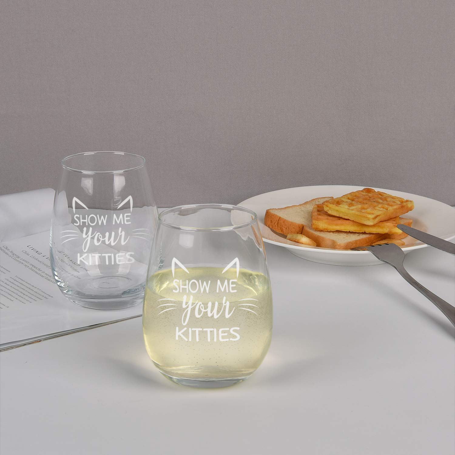 Show Me Your Kitties Stemless Wine Glass, Funny Wine Glass for Women Cat Lovers Girlfriend Wife Mom Friends