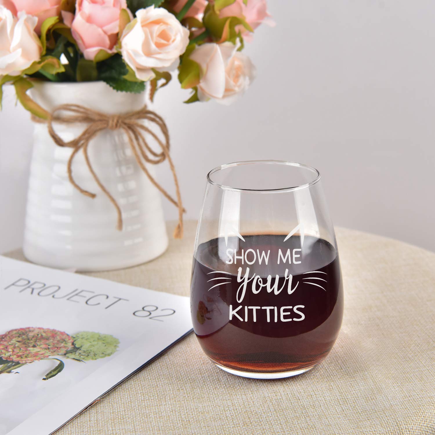 Show Me Your Kitties Stemless Wine Glass, Funny Wine Glass for Women Cat Lovers Girlfriend Wife Mom Friends