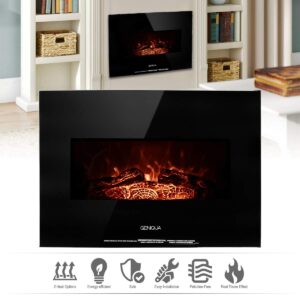 geniqua 26" wall mounted electric fireplace heater adjustable 700w/1400w log led flame indoor home living room office furniture