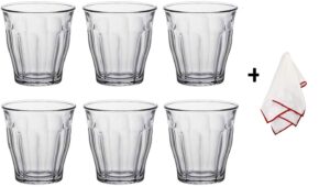 duralex picardie drinking glasses set of 6 - tempered glass tumblers with microfiber polishing cloth classic design, easy to hold duralex glasses for kitchen, dining table (7.5 oz.)
