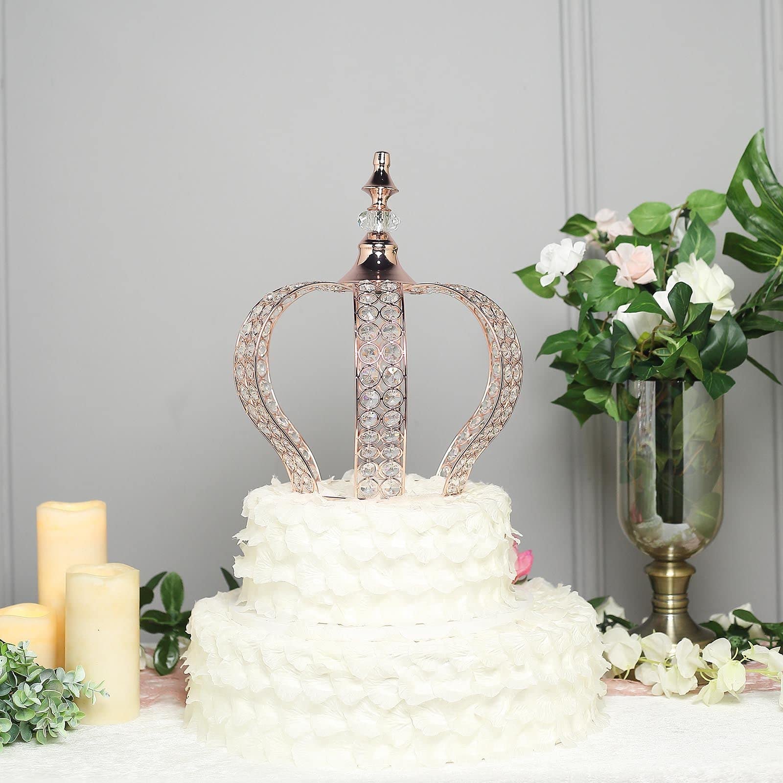 TABLECLOTHSFACTORY 14" Rose Gold Crystal Metallic Royal Crown Cake Topper with 168 Acrylic Beads For Wedding Birthday Party Special Event