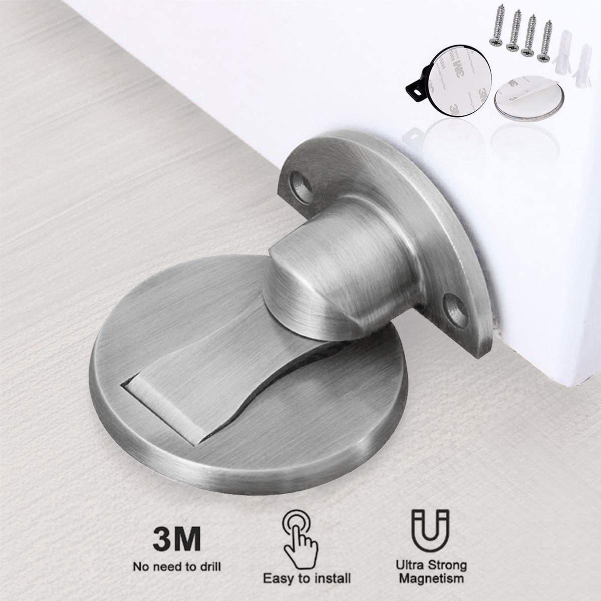 KOLAKO Magnetic Door Stop,Magnetic Door Stopper Brushed Satin Nickel,Floor Metal Magnetic Door Catch Invisible Door Holder with Adhesive,Stainless Steel Heavy Duty Silver Doorstop