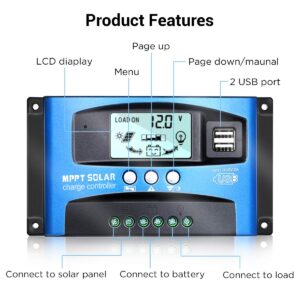 iSunergy MPPT Solar Charge Controller 100A 12V/24V Auto Solar Panel Intelligent Regulator with Dual USB Port LCD Display for Lead Acid Batteries