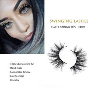 SWINGINGHAIR Lashes, 3D Eyelashes 19mm Natural False Eyelashes Siberian 3D Lashes Natural Look Eyelashes Hand-made Fluffy Volume Lashes 1 Pair