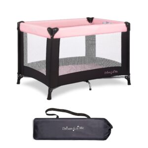 dream on me nest portable play yard with carry bag and shoulder strap, pink