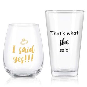 i said yes that’s what she said stemless wine glass and beer glass combo, good engagement gifts unique gifts for couples him her newlyweds valentine’s day bridal shower wedding gift, set of 2