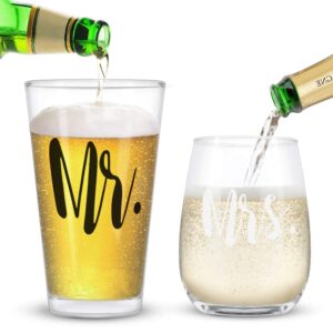 mr and mrs stemless wine glass and beer glass combo with gift box, couple glasses for wedding engagement anniversary bridal shower party valentine's day