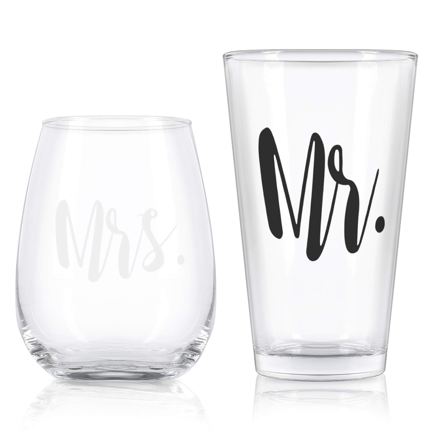 Mr and Mrs Stemless Wine Glass and Beer Glass Combo with Gift Box, Couple Glasses for Wedding Engagement Anniversary Bridal Shower Party Valentine's Day