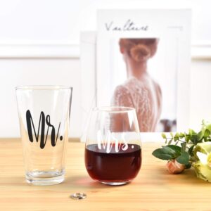 Mr and Mrs Stemless Wine Glass and Beer Glass Combo with Gift Box, Couple Glasses for Wedding Engagement Anniversary Bridal Shower Party Valentine's Day
